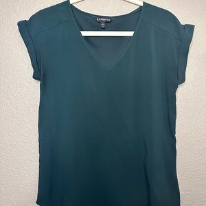 Women’s Express Hunter Green V-Neck Cuff Short Sleeve Silk Satin Size Small